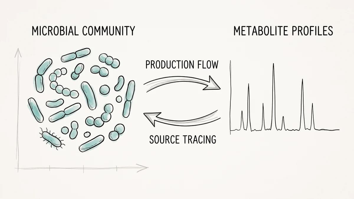 A microbial community on the left and a mass spectrum on the right, linked by arrows in both directions: production flow from microbes to metabolites, and source tracing back again