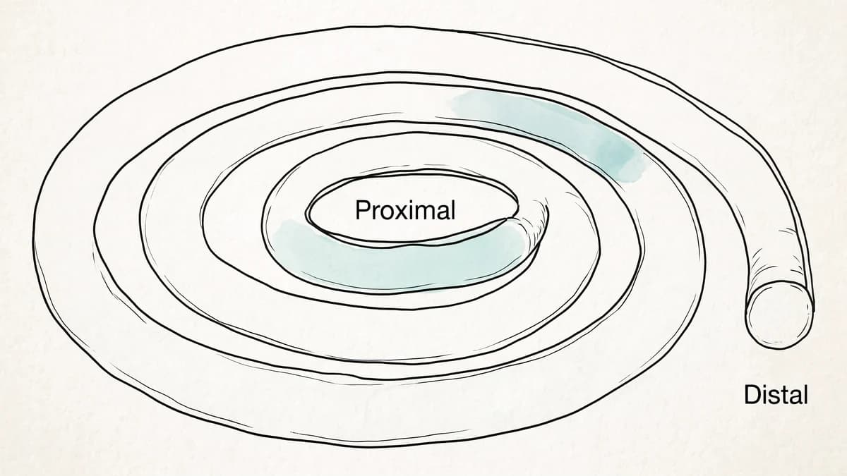 An intestinal Swiss roll — the gut coiled into a flat spiral for spatial transcriptomics, labelled proximal at the centre and distal at the outer end